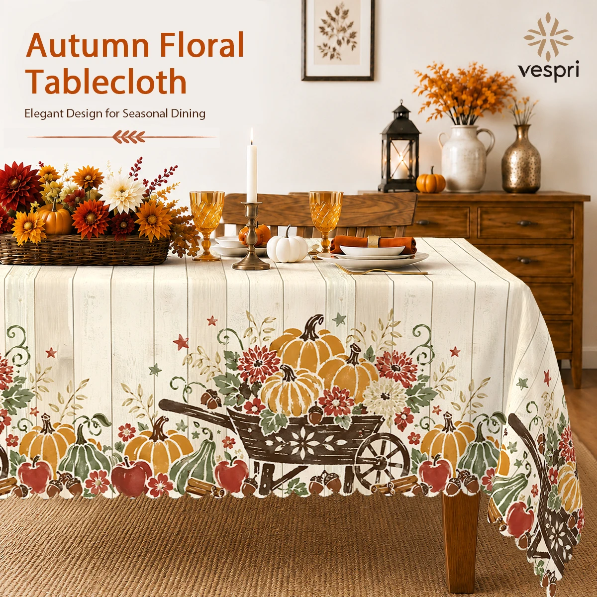 Rustic Tablecloth with Pumpkins & Garden Carts for Indoor/Outdoor Camping decor, Rectangular/Round/Oval