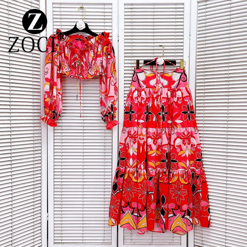 [ZOCI] Beach Resort Floral Print One Shoulder Bubble Sleeve Short Top Cross Tie Half Skirt Set Women