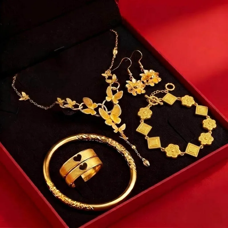 Imitation Gold Floral Wedding Necklace Set Three Five Metals Bridal Pendant for Engagement Marriage Daily Wear Gift for Women