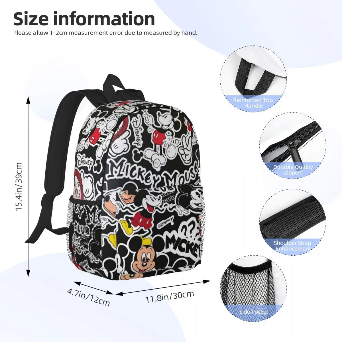 Mochila impermeável Mickey Mouse de 15 polegadas – Bolsa de viagem leve com vários bolsos para organização