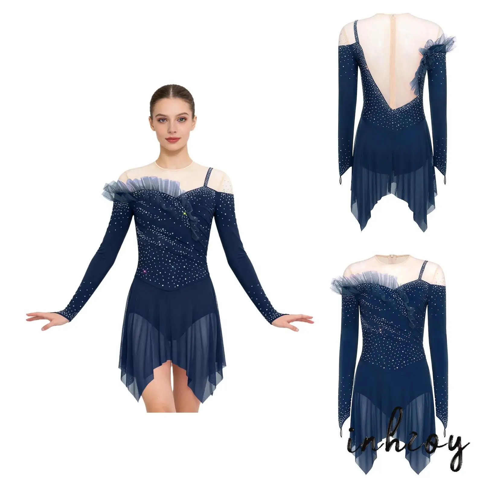 

Womens Ruched Figure Skating Performance Costume Rhinestones Ruffled Tulle Long Sleeve Dress Lyrical Salsa Tango Latin Dancewear