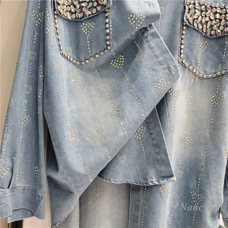 Denim Blouse Women\'s 2024 Spring and Autumn Love Striped Crystal Rhinestone Denim Coat Casual Loose Shirt Top