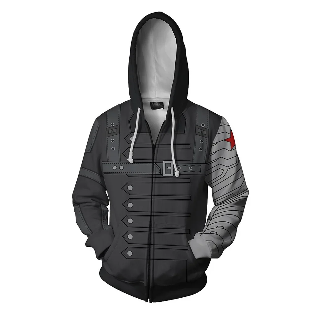 Winter Soldier Bucky Cosplay Kapuzenpullover mit Reißverschluss, 3D-Druck, Kapuzen-Sweatshirt, Unisex, Superheldenkostüm, Streetwear – Detail 4