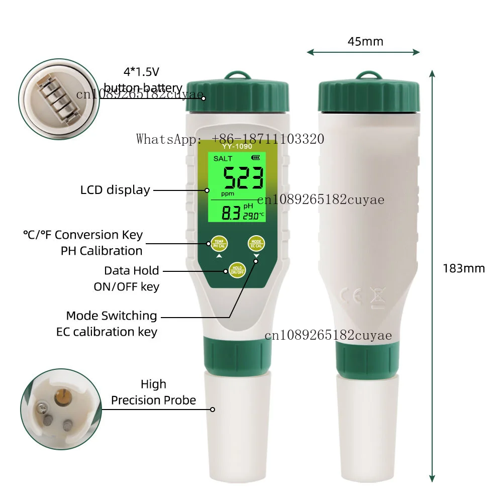 Water Quality Tester Pen 5-in-1, PH/TDS/EC/SALT/TEMP Meter for Drinking Water, Aquarium, Hydroponics, Pool, Lab