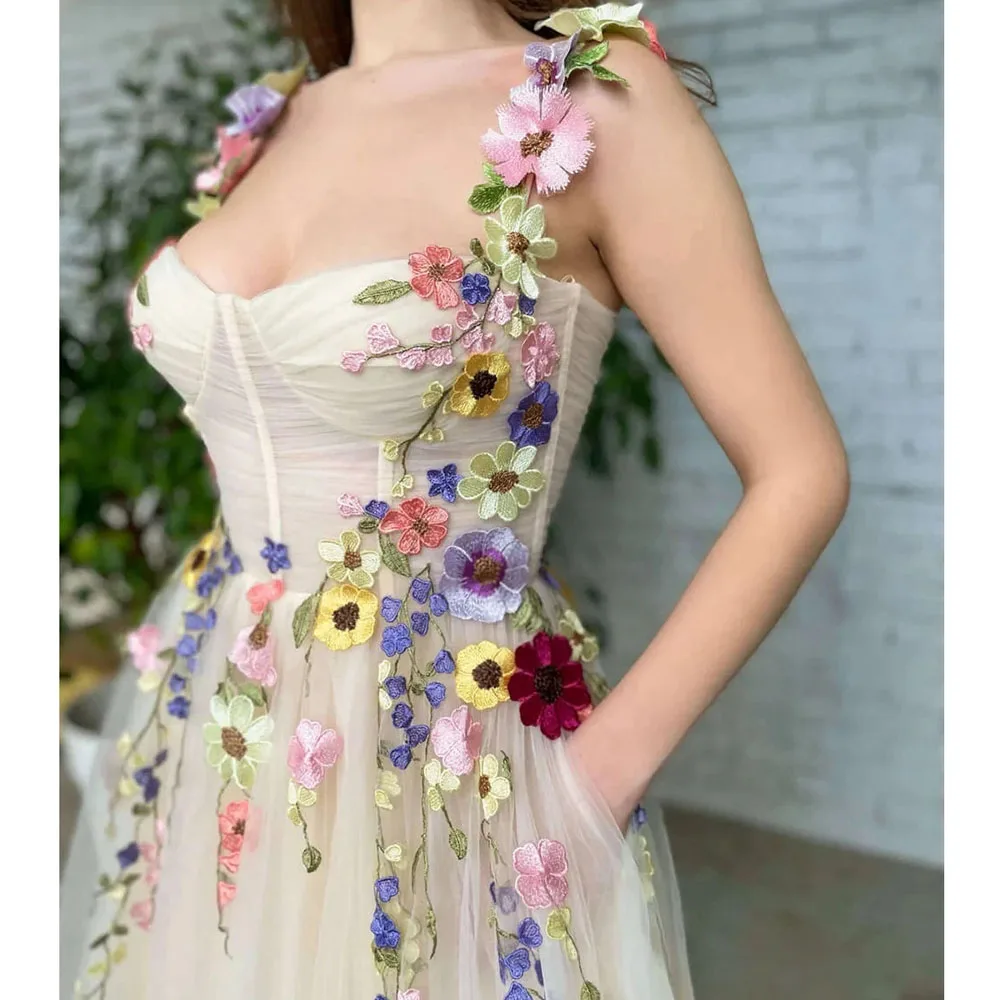 

3D Appliques Flower Bohemian Dresses Pretty Elegant Romantic Tea-length Pastoral Beach Fashion Cocktail Party Bridesmaid Gown