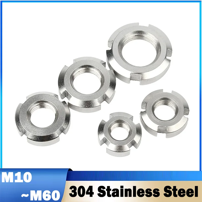 1Pcs M10 M12 M14 M16 M18 M20 M22 M24 M25 M27 M30 M33 M35 M36 M39 M40~M60 304 Stainless Steel Round Nut Slotted Locking Nut
