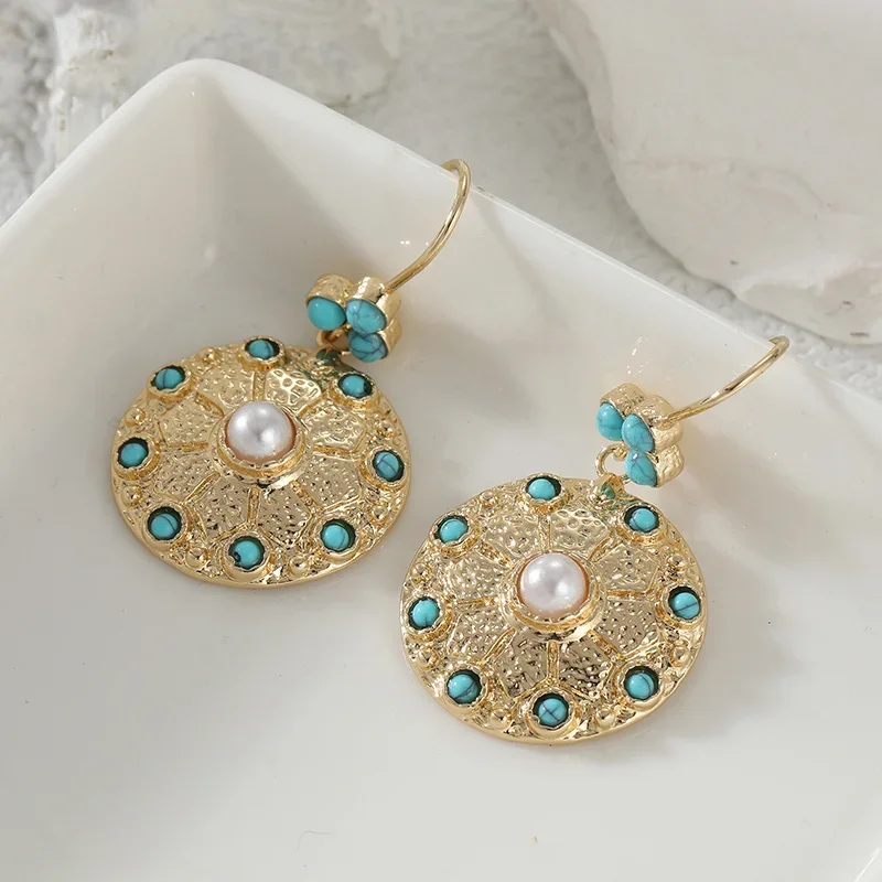 Vintage Inlay Green Imitation Turquoise Disc Earrings Artistic Sense Golden Plated Women's Earrings Bohemian Style Jewelry