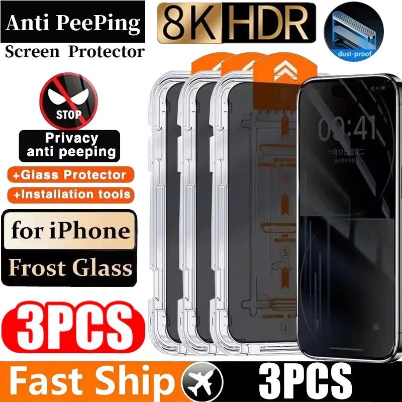 

3Pcs 8K Dust free Installation Tempered Glass For iPhone 13 14 16 15 11 12 Pro Max 15 14 Plus X XR XS Privacy Screen Protector