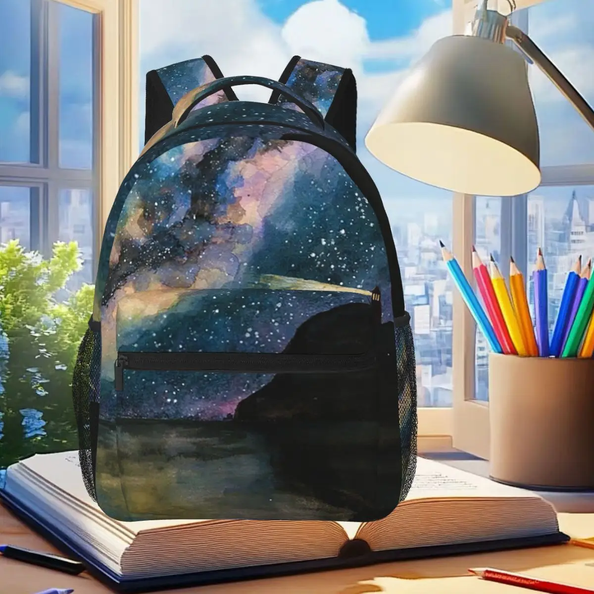 

Watercolor Lighthouse Galaxy Painting Student Backpack School Bag Hiking Travel Daypack for Boys Girls Bookbag Shoulder Bags