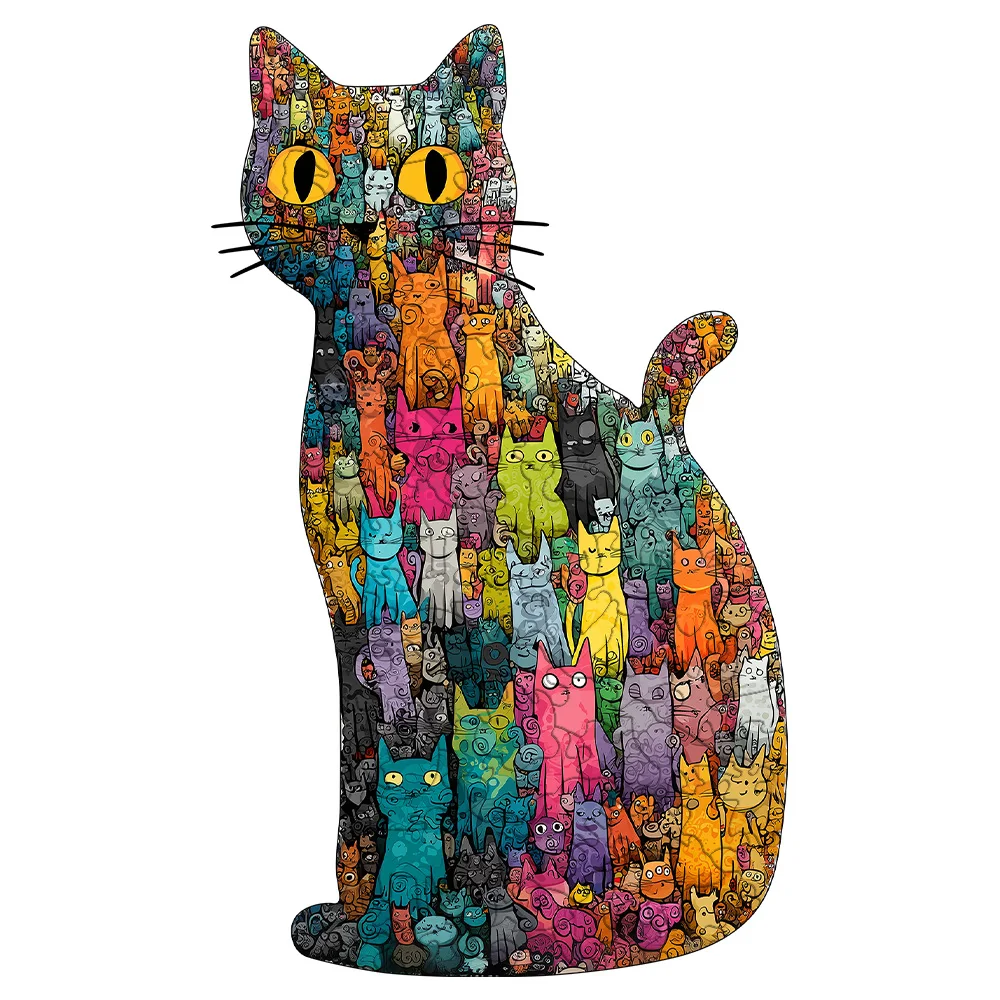 Colorful Cat Shaped Wooden Puzzle Unique Animal Pattern Jigsaw Toy Adult Kids Decompression Intellectual Game Difficult Challeng