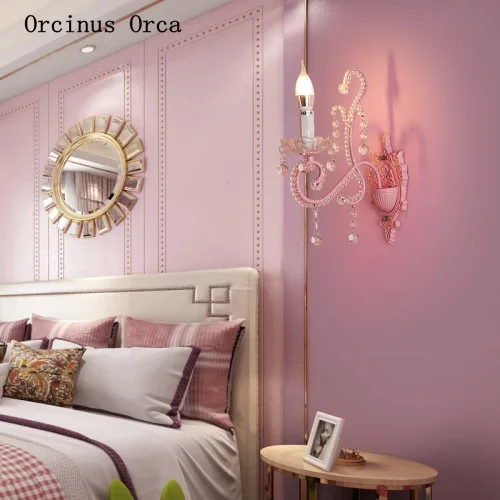 Lámpara de pared de cristal rosa coreano, lámpara de pared de habitación de princesa para dormitorio de niña, lámpara de pared decorativa romántica europea