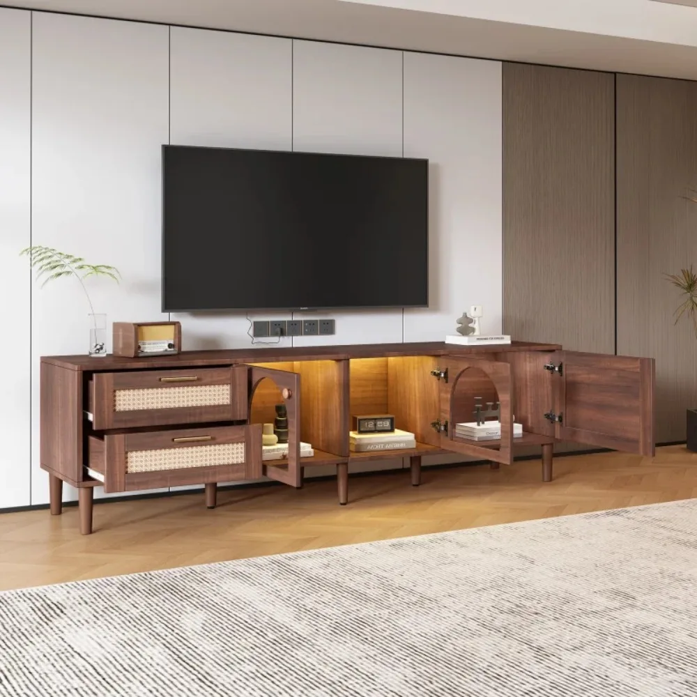 Rattan TV Stand with 3 Cabinets & 2 Drawers, Rattan-inspired Media Console Table for TVs up to 80'', TV cabinet for Living room.