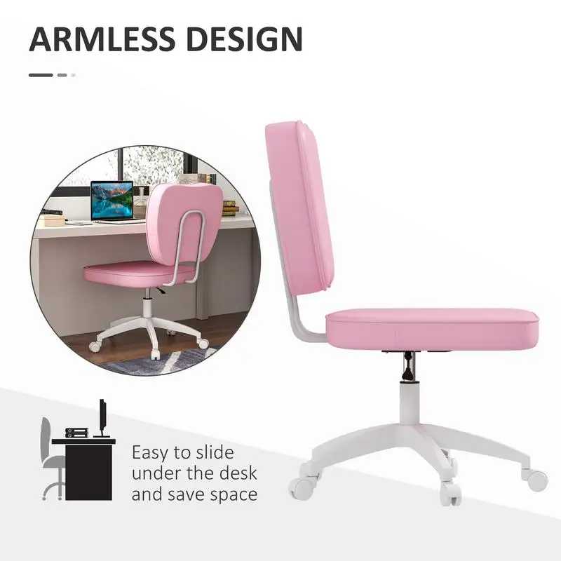 Cute Armless Office Chair, PU Leather Swivel Desk Chair, Adjustable Height Vanity Task Chair, Mid Back, Pink Color