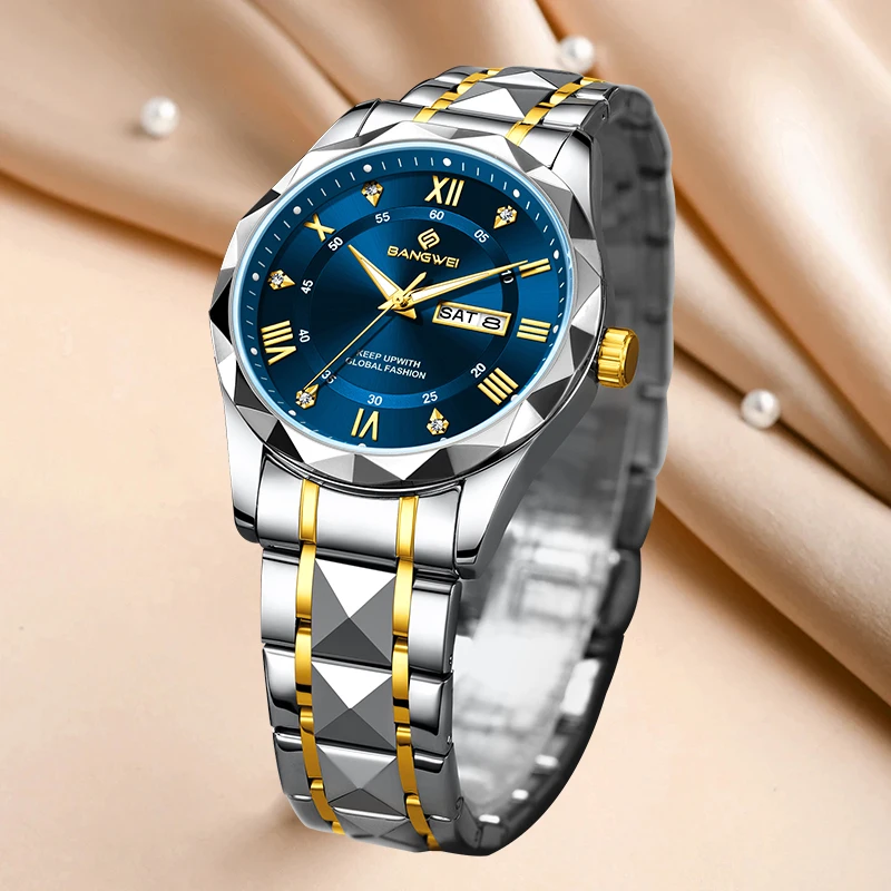 BANGWEI ساعة كوارتز نسائية أنيقة فاخرة موضة كلاسيكية بسيطة من الفولاذ المقاوم للصدأ تاريخ تلقائي مقاوم للماء ساعة يد للسيدات الماسية #2