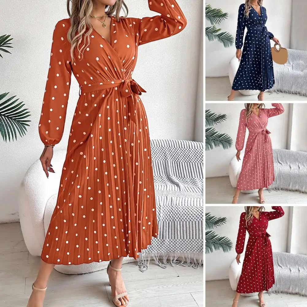 Flattering Polka Dot Dress Women Pleated Polka Dot Dress Elegant V-neck Polka Dot Long Sleeve Dress with for Women for Office