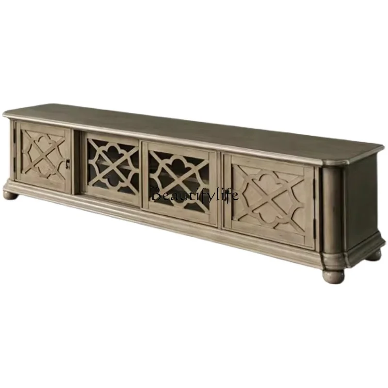 

American country solid wood retro carved TV cabinet Nordic home locker