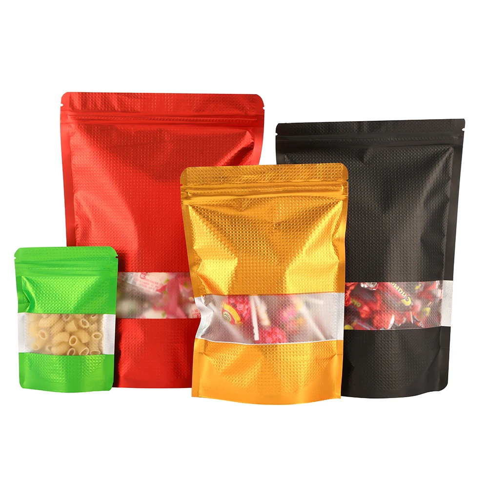 100pcs Colored Standing Up Embossed Aluminum Foil Zip Lock Bags with Window -  Reclosable Stand Cat & Dog Food / Gift Packaging