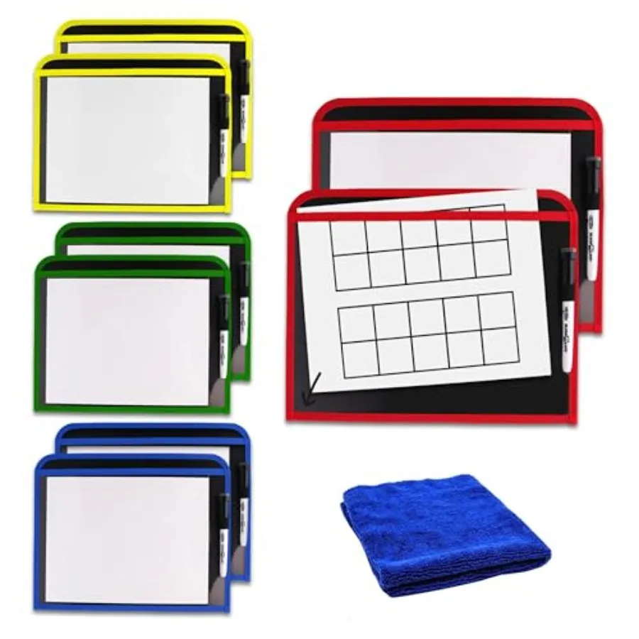 

8 прочных карманов для сухого стирания с прочной основой и прозрачными виниловыми вкладышами + (8 маркеров для сухого стирания с ластиками)