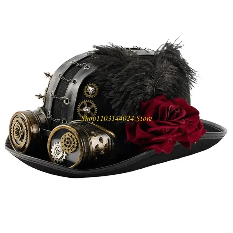 N5KE Industrial Gear Chain Dome Hat With Dark Rose Flower and Goggles for Theme Event