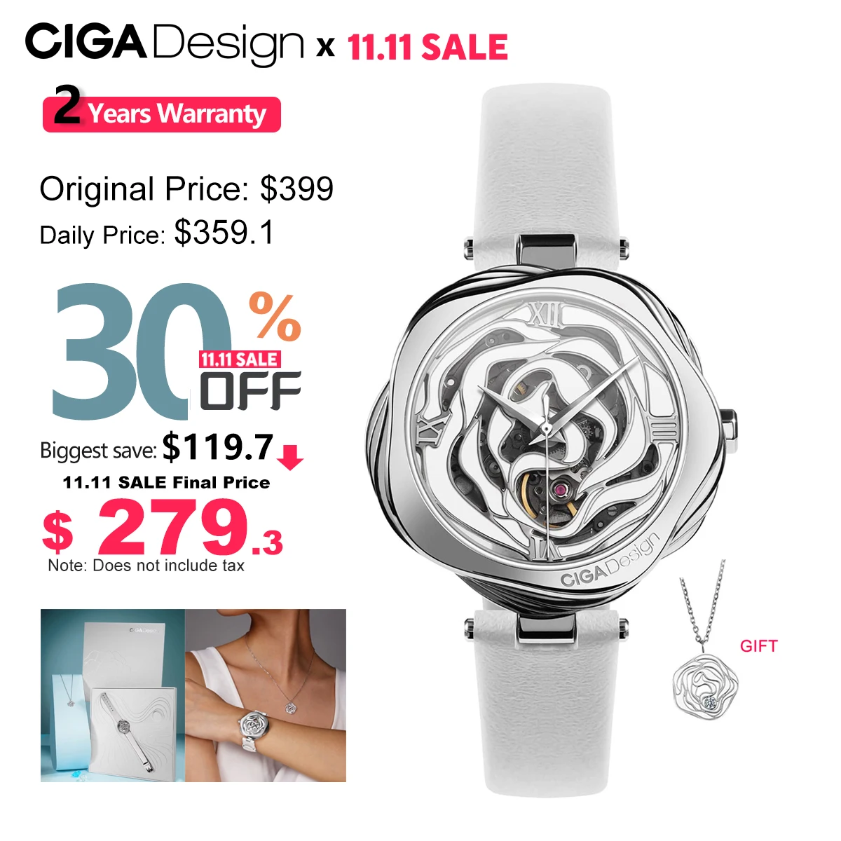 CIGA Design Denmark Rose Mechanical Watch for Women Automatic Movement / Japan Quartz Wristwatch Stainless Steel Wrist Timepiece