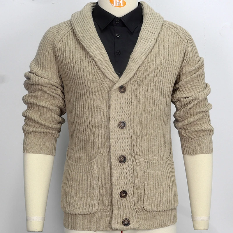 Men\'s Cardigan Sweater Autumn and Winter Solid Color Lapel Long Sleeved Outerwear Knitted Sweater Retro Sweater Clothing