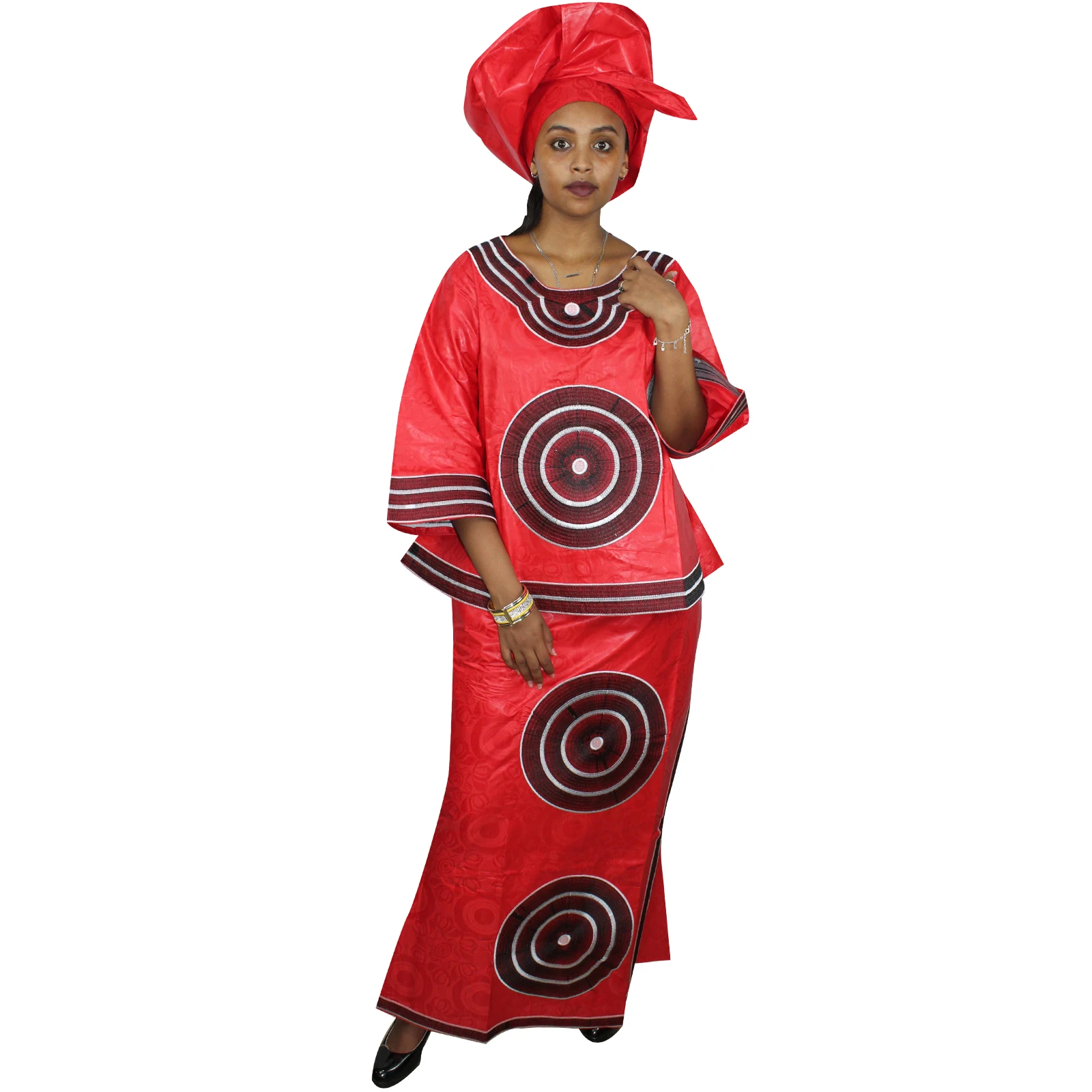 African Dresses For Women 3/4 Sleeve Top With Wrapper And Scarf 3pieces One Set 2 Size Smaller Than Us Size