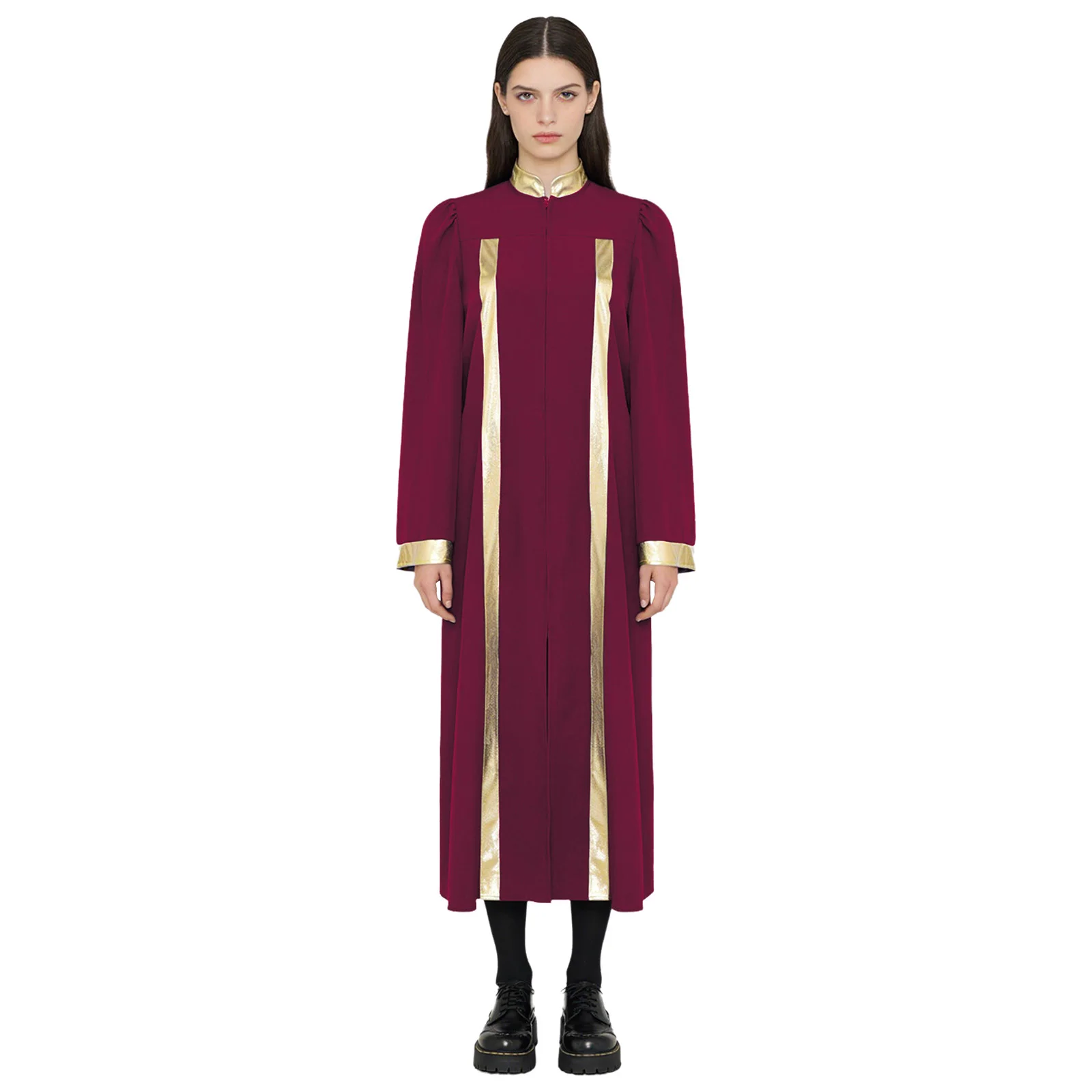 

Women Men Long Sleeve Zipper Metallic Trim Church Choir Worship Robe Halloween Pastor Priest Cosplay Costume Graduation Gown