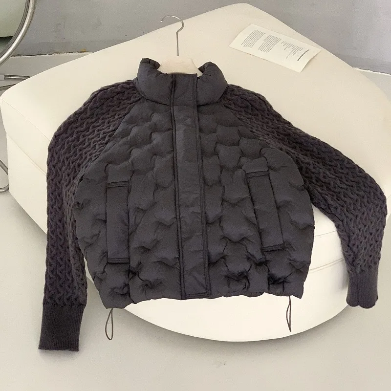 Winter Women Cotton Padded Jacket Knitted Sleeve Stand Collar Quilted Coat Loose Thick Warm Short Outerwear Fashion Streetwear