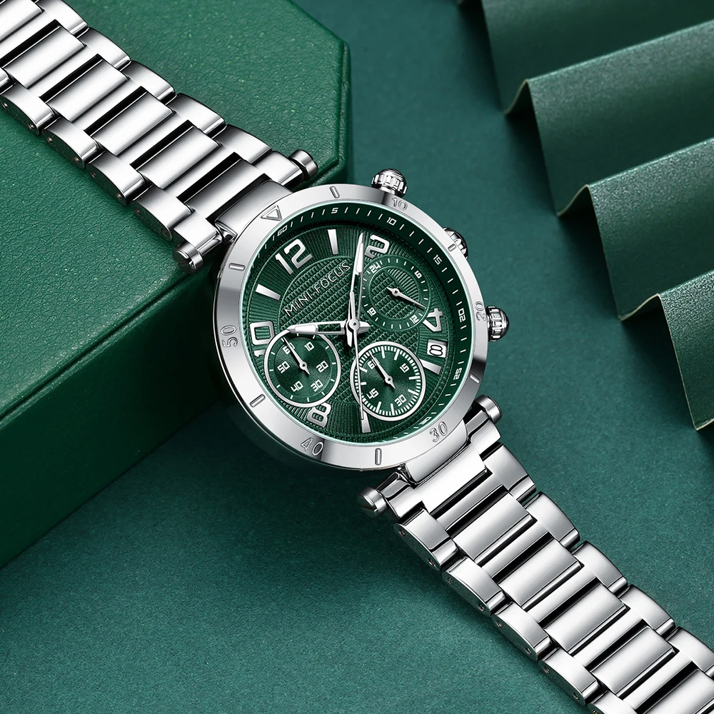 MINI FOCUS Elegant Green Quartz Ladies Watches Top Brand Luxury Multifunction Dial Fashion Women Watch Stainless Steel Band 0489