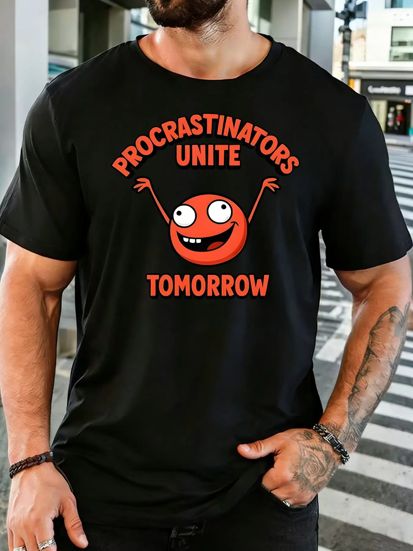 Fashion Mens Red Basic Tee Cheerful Cartoon Round Character Procrastinators Unite Tomorrow Sarcasm Casual Short Sleeve Shirts
