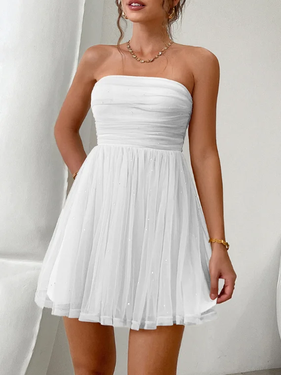 

2025 Spring/Summer High end Sexy Mesh Splicing Solid Color Dress Women's Summer strapless Butterfly Knot Decorative Dress