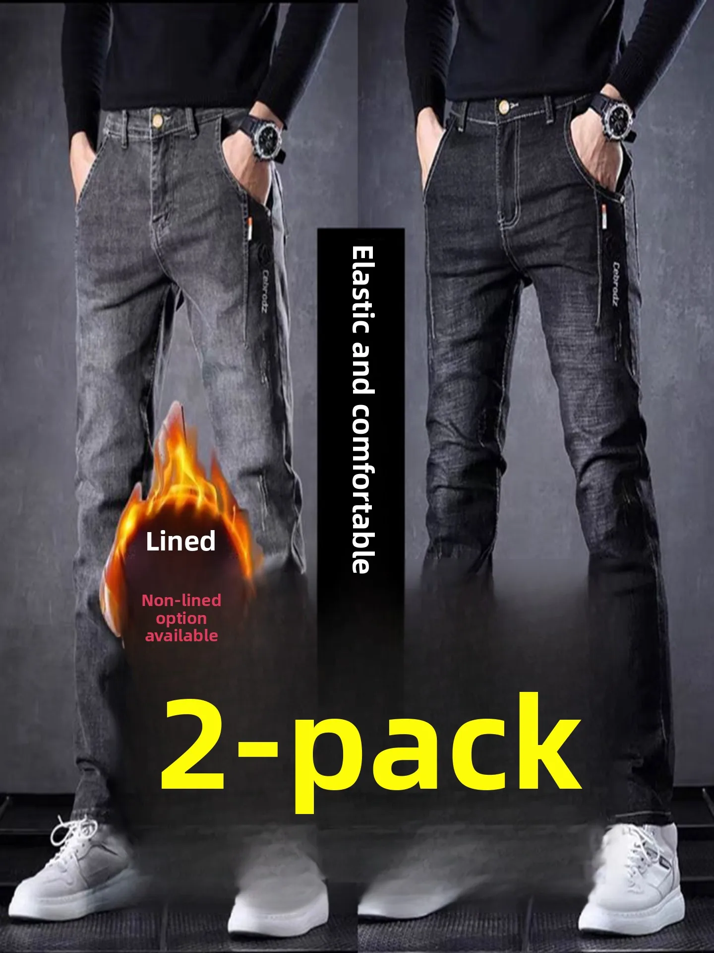 

Мужские джинсы Thiened Fce с подкладкой, прямые, рабочие брюки, осенне-зимние, облегающие, износостойкие, хлопковые, эластичные