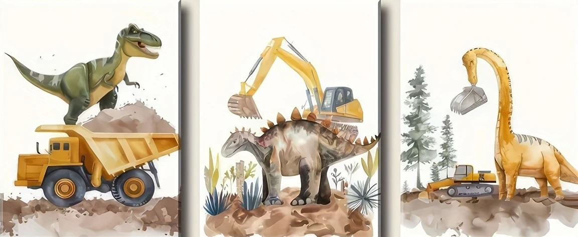 3PCS 2D Decorative painting - Canvas painting - Dinosaurs and construction vehicles art - cheap room decor - kitchen decor -