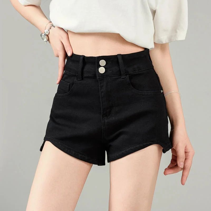 High Waist Double Buckle Denim Shorts Women's Spring Summer New Style Thin Casual A-Line  Skirt Trendy Hot Pants