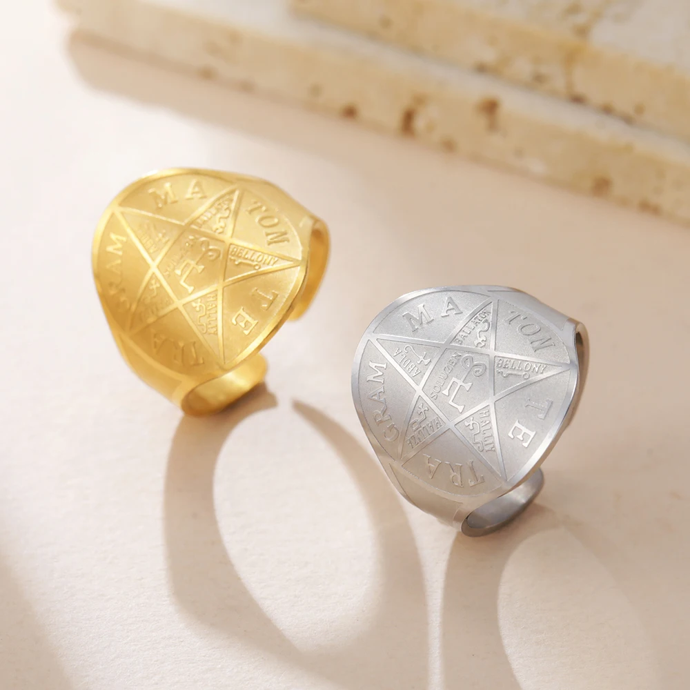 Dawapara Witchcraft Pentagram of Solomon Ring Tetragrammaton Shield Protection Talisman Alchemy Jewelry Stainless Steel