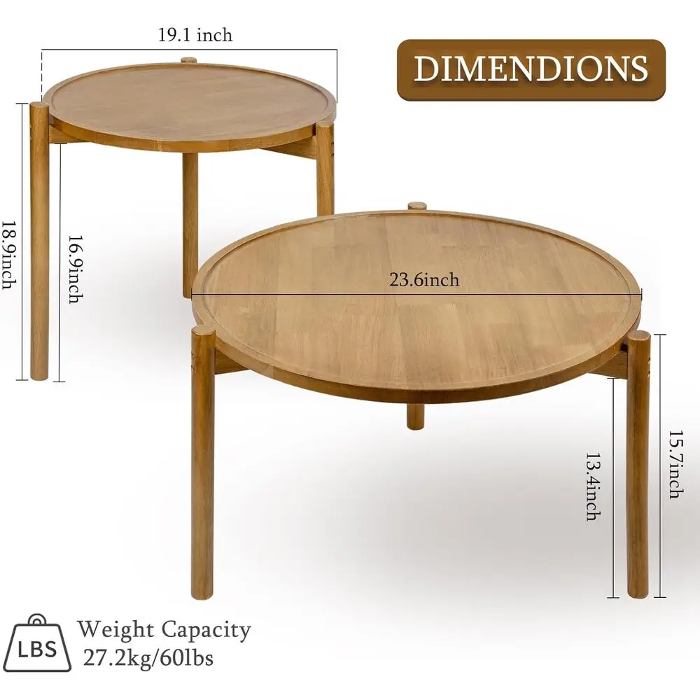 リビング、寝室、バルコニー用の無垢材の丸いネストテーブルのペア
