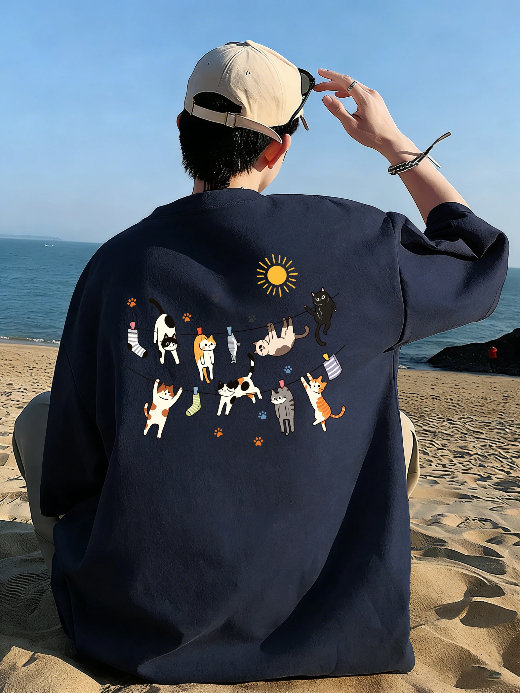 Cats Socks Fish On Clotheslines Prints Men'S T-Shirt Cotton Summer Soft Oversized Tops O-Neck Short Sleeve T Shirt Basic Clothes