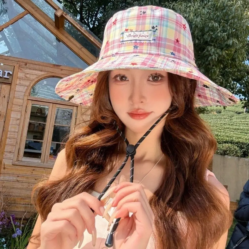 

Casual Star Women Sun Hat Wide Brim Sun Protection Plaid Fisherman Hat Breathable Adjustable Sunscreen Bucket Hat Riding