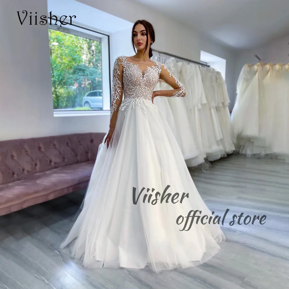 

Viisher White Lace Appliques Wedding Dresses Long Sleeve V Neck Boho Bridal Gowns A Line Long Beach Wedding Bride Dress