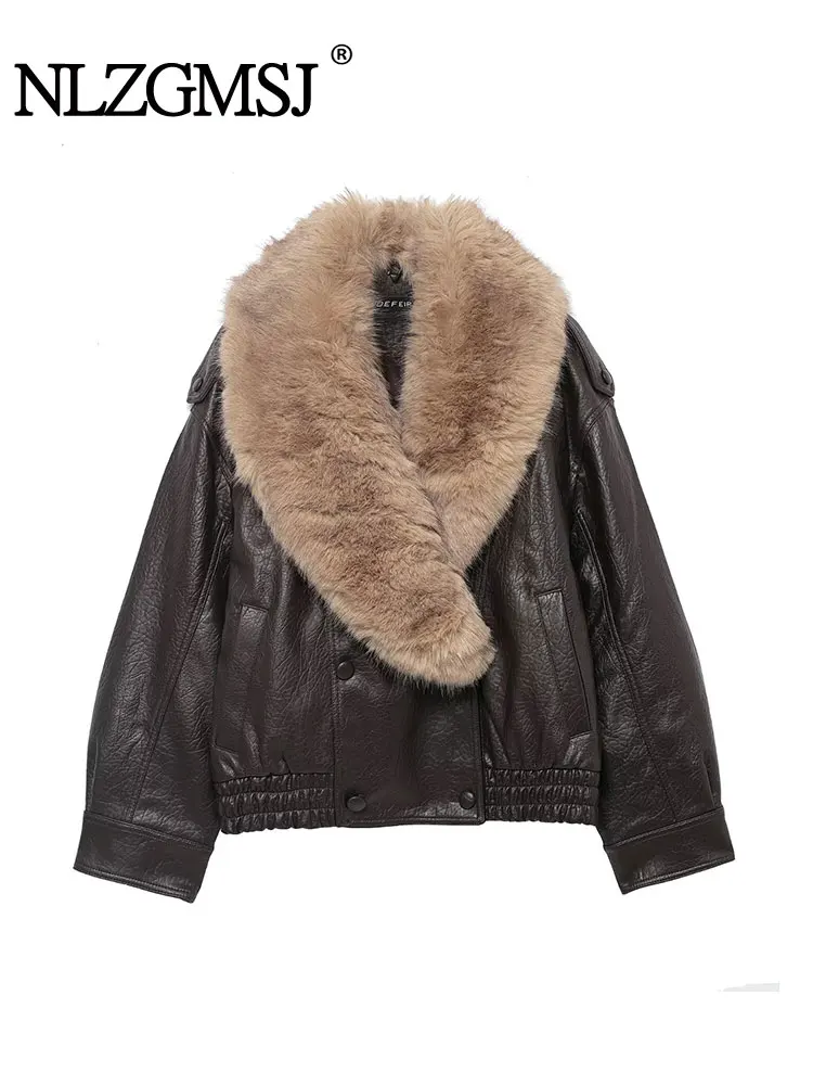 Nlzgmsj 2025 Autumn Winter Casual Chic Brown Fur Collar Leather Jackets Women Long Sleeve Pockets Coats Fashion Outwear