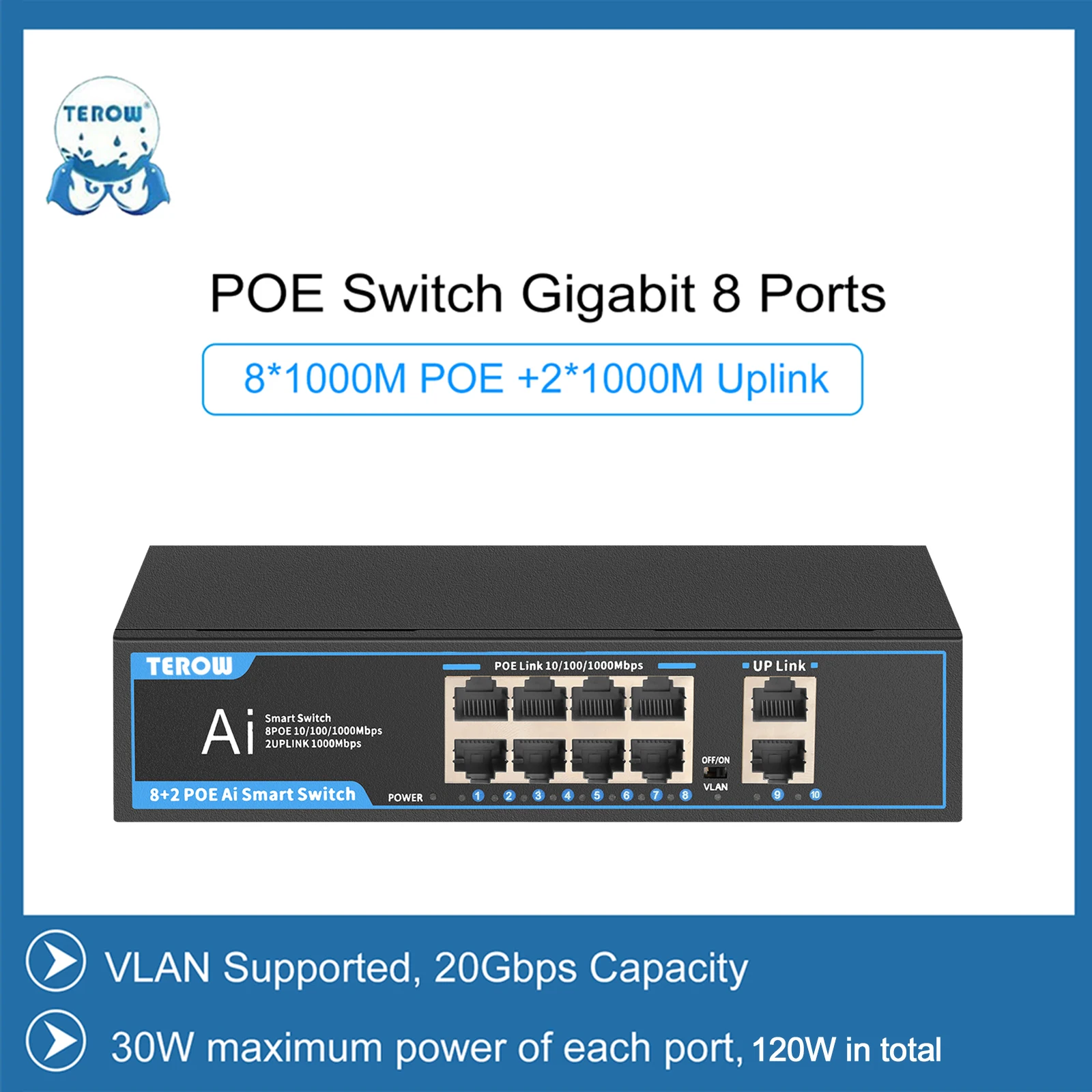 

Gigabit Switch 10 Ports 1000Mbps POE Network Swich TEROW Switch 10ports Ethernet Splitter RJ45 Hub For Wifi Router IP Camera