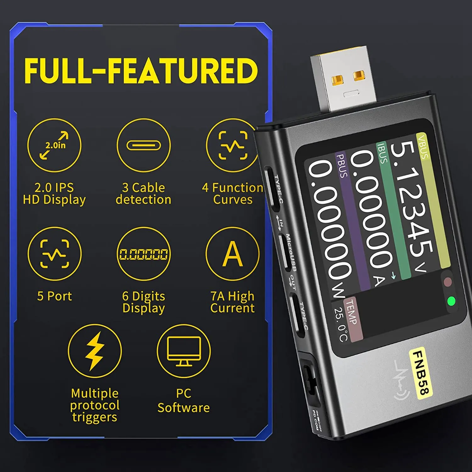 FNB58 USB Tester, Digital Voltmeter Current Tester USB Type-C Fast Charge Protocol Power PD Trigger Detection Max 7A