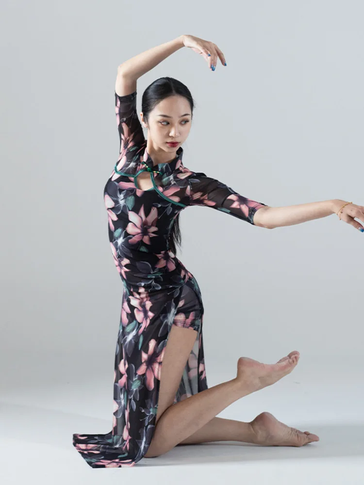 

Тонкое платье Cheongsam с цветочным принтом и разрезом по подолу, воротником-стойкой и рукавами до локтя для классической танцевальной сценической одежды