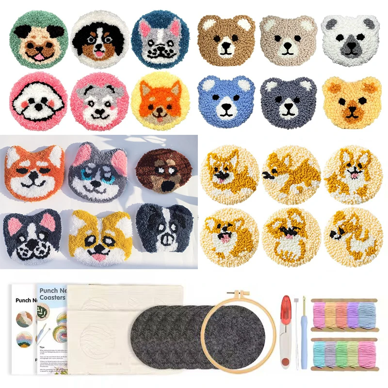 

Punch Needle Kit for Beginners Adults Kids Easy Dog Coasters Kit Tool Threader Fabric Hoop Yarn Rug Tufting Coaster Art and Craf