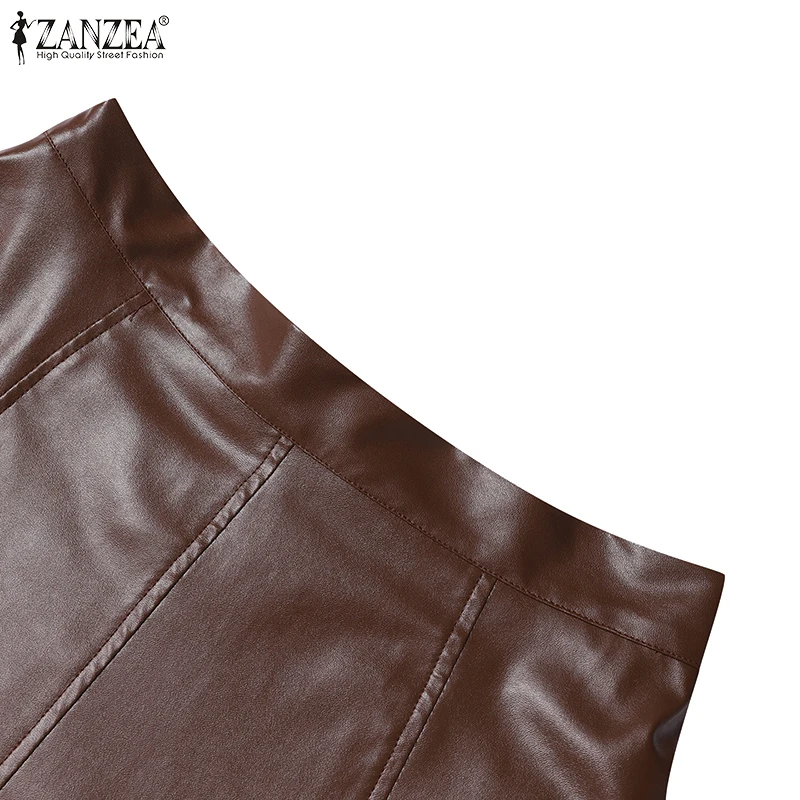 ZANZEA Donna PU Pelle Midi Jupes Autunno inverno Elegante Casual Gonna a vita alta allentata Gonna da ufficio solida Falda a vita alta