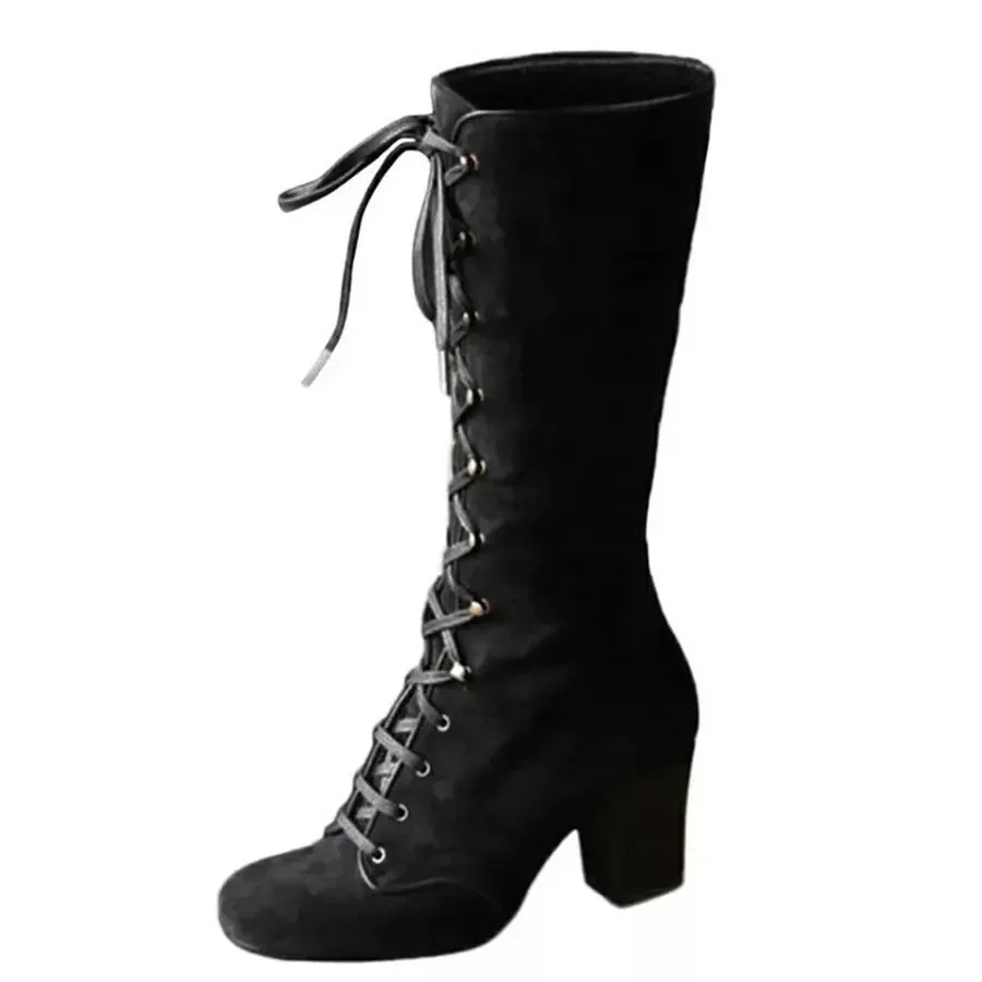 2024 Medieval Women\'s Casual Riding Boots Winter Lace Up Suede Long Tube Knight Boot Female High Heel Cowboy Shoes Mid-Calf Sexy