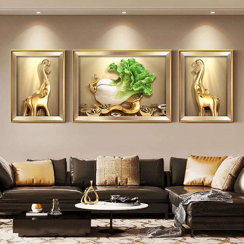 Living Room Decoration Painting Fortune Deer Chinese Cabbage Decoration Mural Sofa Background Wall Hanging Painting Wall Art