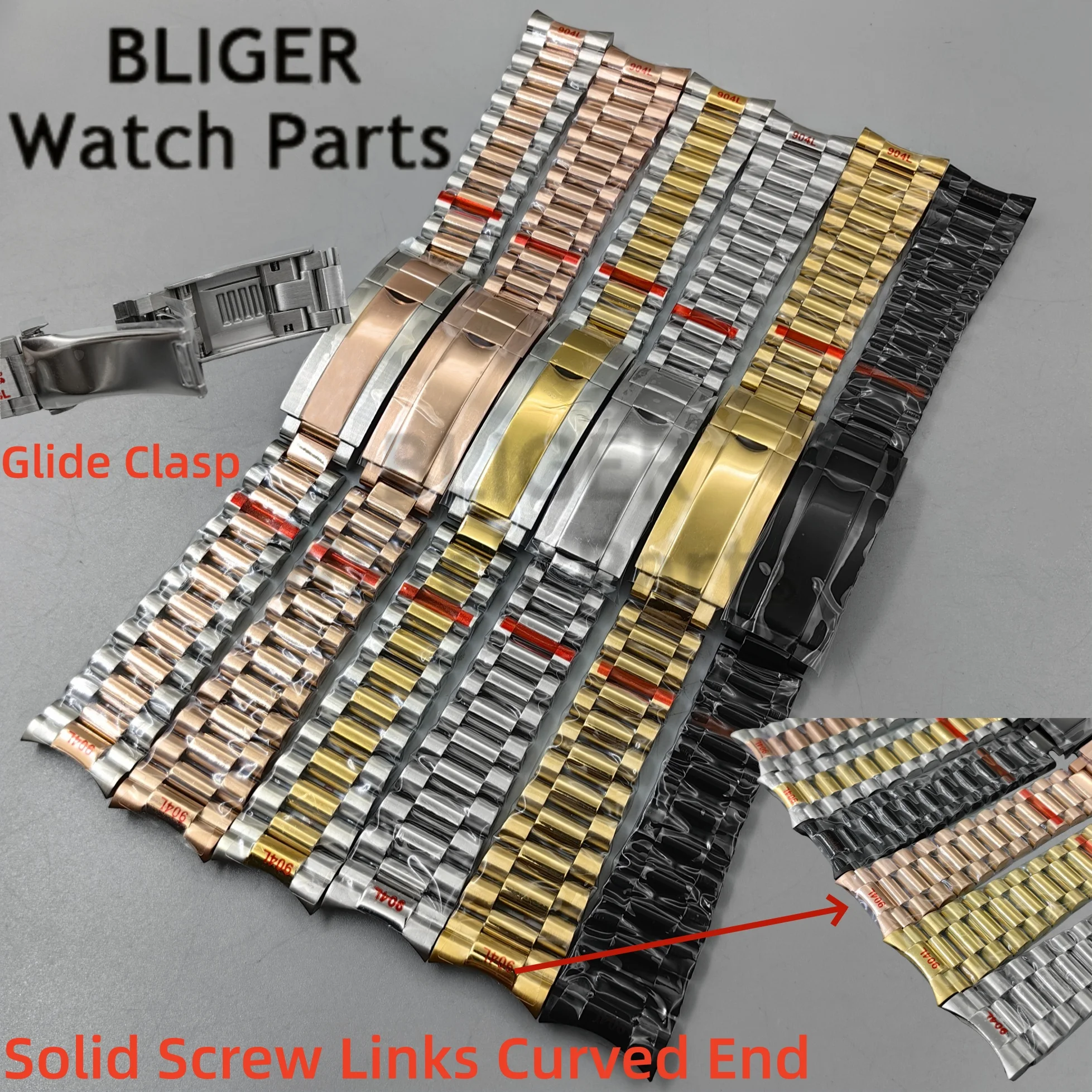 20mm Width New End Link President Watch Strap Silver Gold Rose Gold Folding Glide Lock Steel Bracelet For BLIGER 36mm-40mm Case