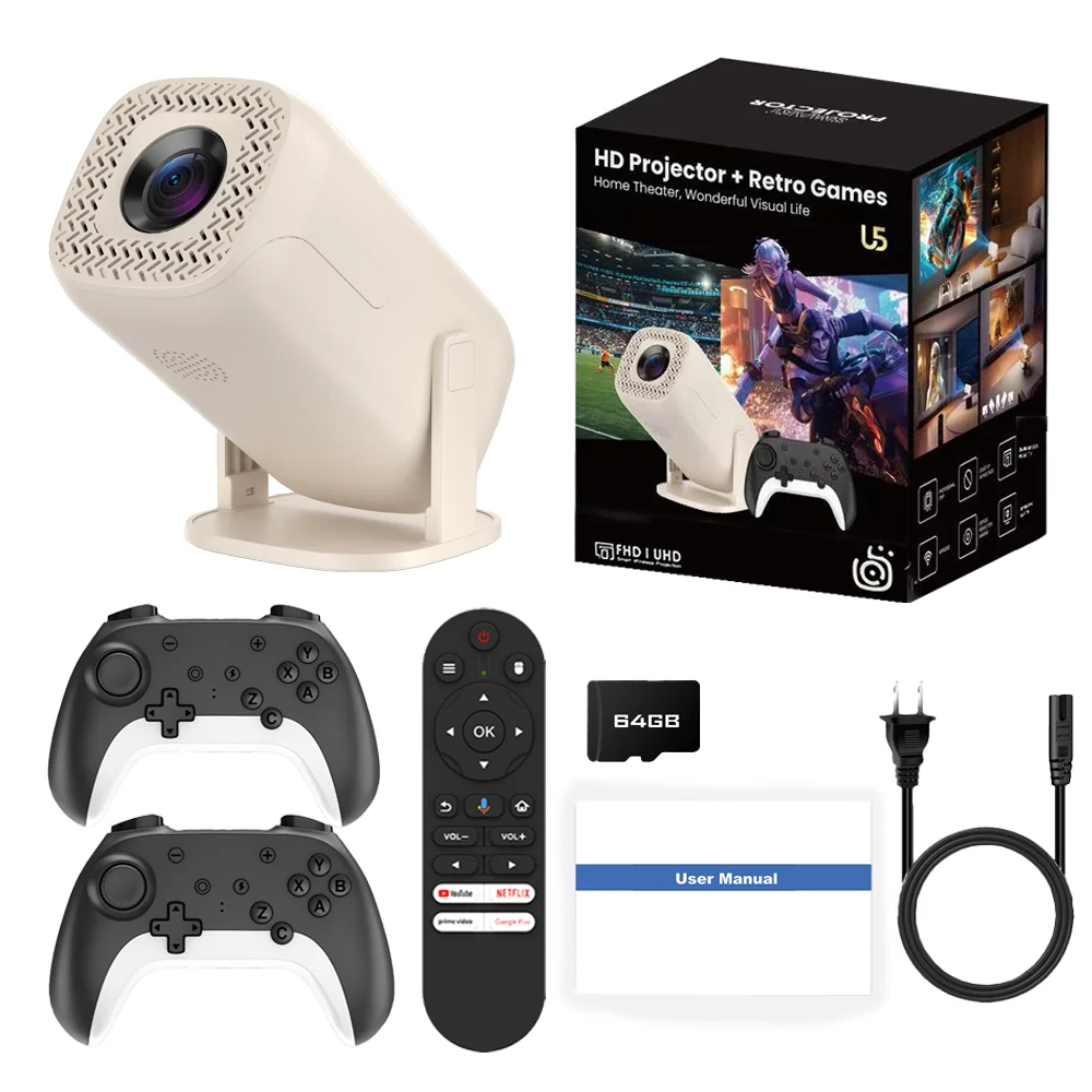 Dreress U5 Gaming Projector Android14WiFi6 BT5.2 Ondersteunt 8K-decodering Ingebouwde 36000+ Spellen Draadloze Gamepad Bluetooth Spraakafstandsbediening