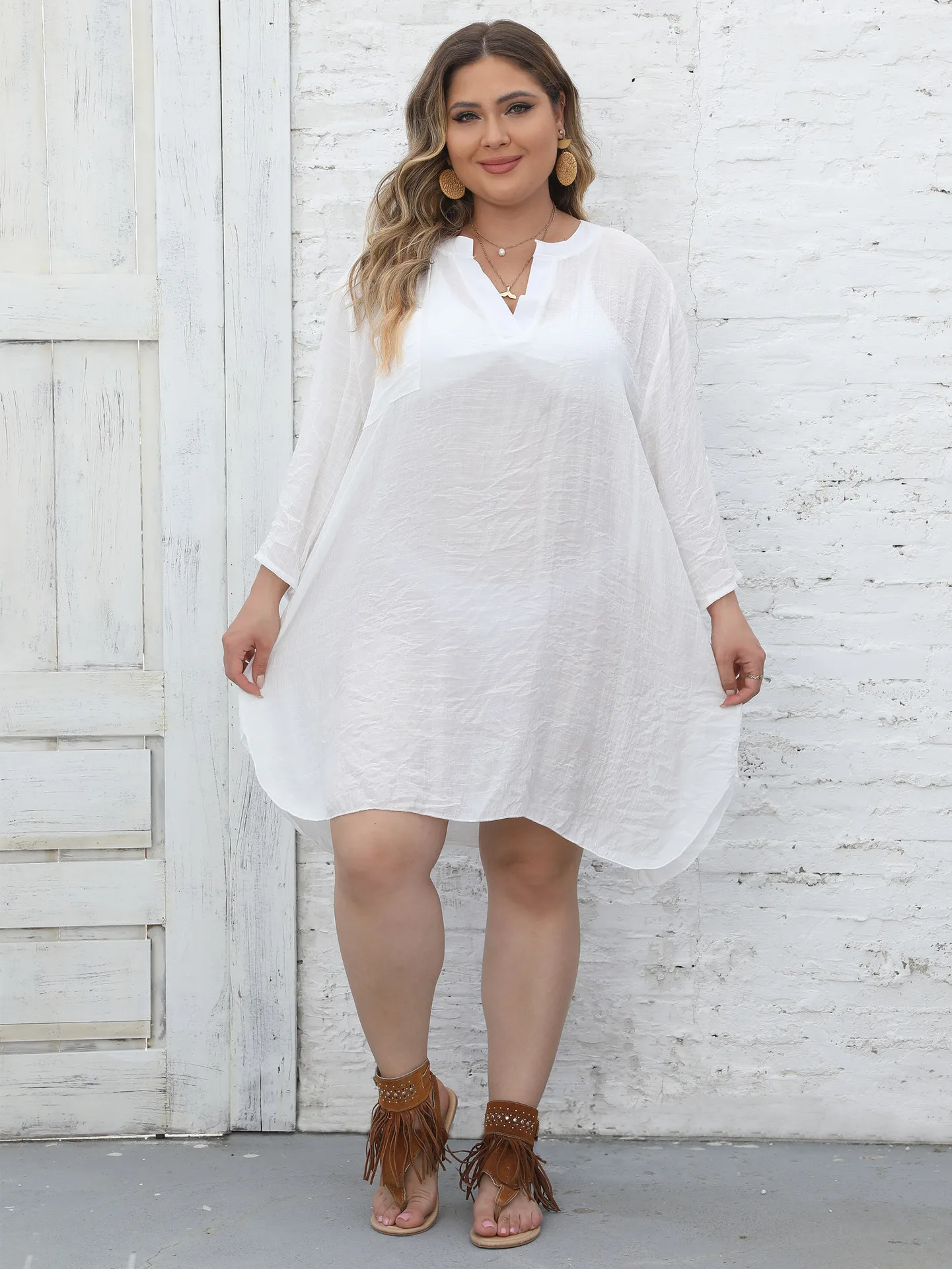 Bluzka damska Plus Size Cover Ups z dekoltem w szpic Sexy sukienki luźna dama solidna Bikini na plażę na wakacje wiosna lato